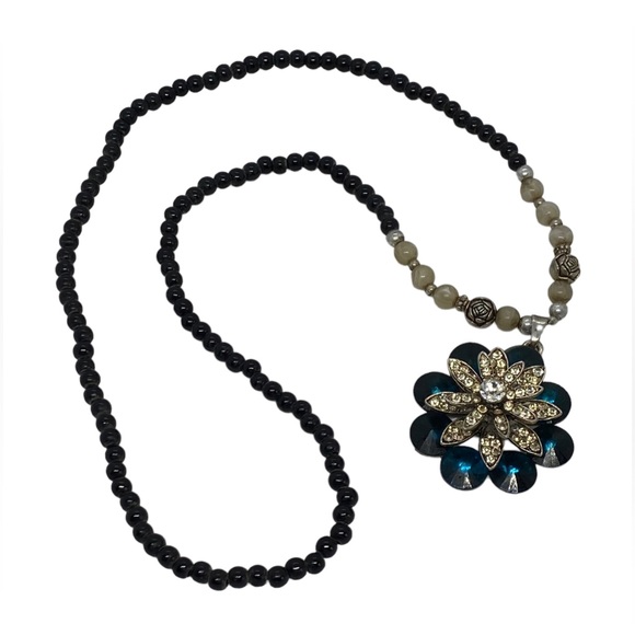Unbranded Jewelry - VTG 1980's Fashion 28” Asstd. Beads Necklace Floral Rhinestone Turquoise Pendant